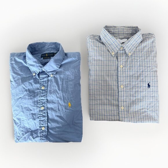 2 Polo Ralph Lauren Shirt Men's XL Blue Plaid Bermuda Poplin Silk Cotton - Picture 1 of 16